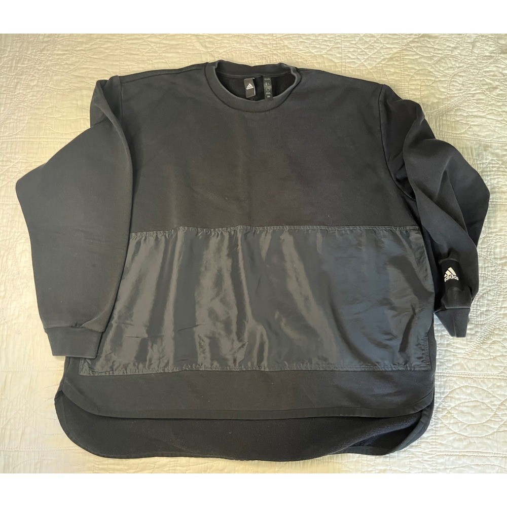 Adidas Women's 2XL Black Mixed Media Fleece Crewneck Sweatshirt Nylon Overlays